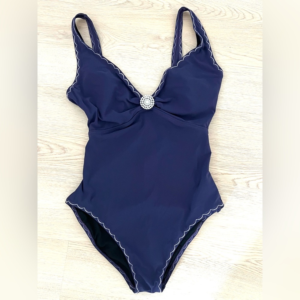 Profile By Gottex Navy One-Piece Swimsuit with Decorative Brooch